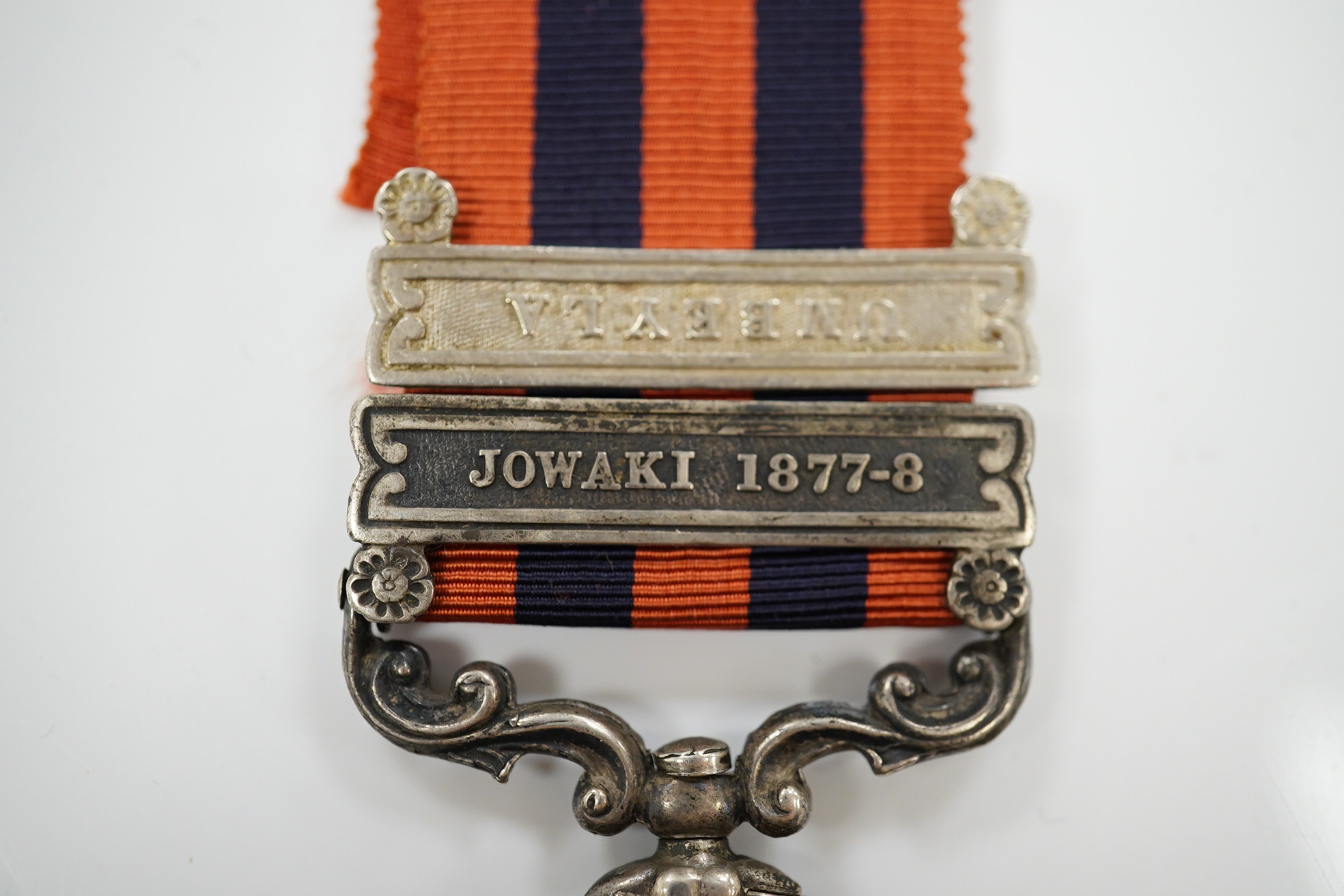 An India General Service Medal with Umbeyla and Jowaki 1877-8 clasps to 268 Pte Edwin Marley 2/9th Foot